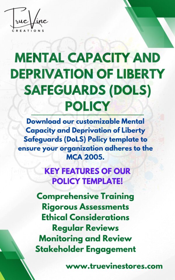 Downloadable Mental Capacity Act and DoLS Policy Template showing key sections highlighted for easy customisation.